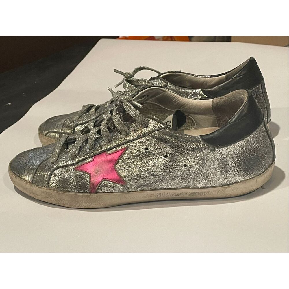 Golden Goose Silver Metallic Sneakers Unisex Pink Star Lace Up Casual Shoes